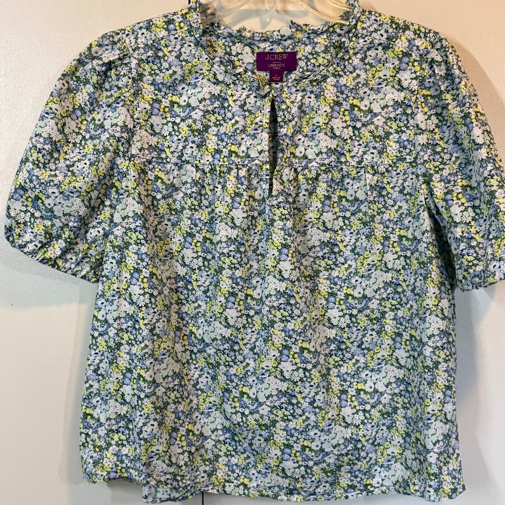 J. Crew Green Blue White Floral Short-Sleeve Blouse